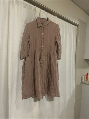 Button-Front Long Sleeve Shirt Dress in Mauve Taupe